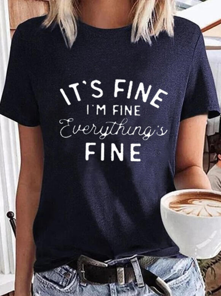 

Print Letter Round Neck Short Sleeves T-shirts, Dark blue, Tees & T-shirts