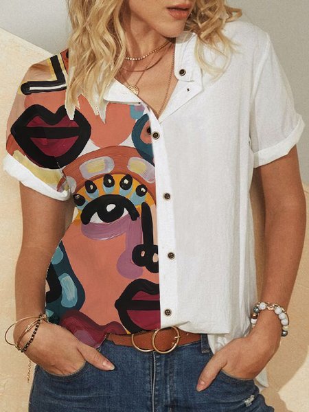 

Abstract Casual Short Sleeve Blouse, White, Blouses & Shirts
