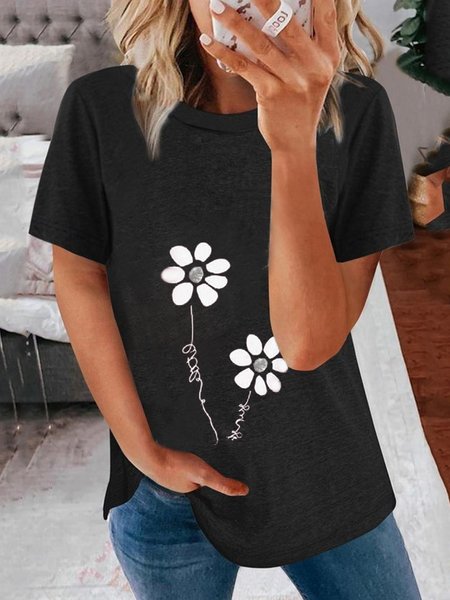 

Casual Floral Crew Neck Loosen Short Sleeve T-Shirt, Black, T-Shirts