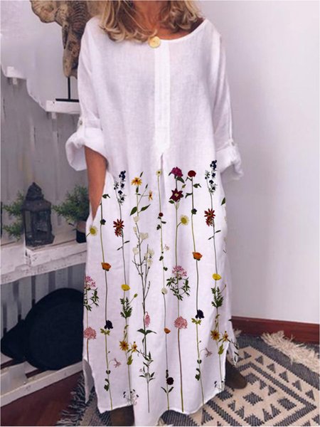 

Plus Size Casual Floral Crew Neck Long Sleeve Woven Dress, White, Maxi Dresses