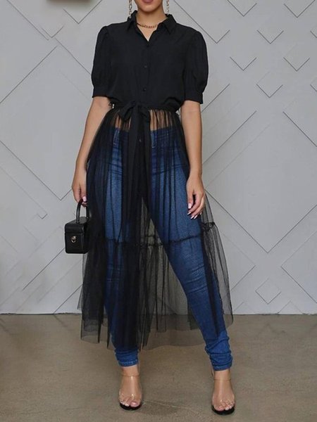 

Shirt Collar Simple Regular Fit Short Sleeve Woven Dress, Black, Maxi Dresses