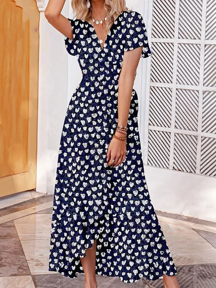 

Boho Short Sleeve Woven Dress, Blue, Floral Dresses