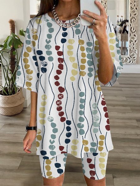 

Striped polka dot print loose top T-shirt pants two piece set Plus Size, Multicolor, Suit Set