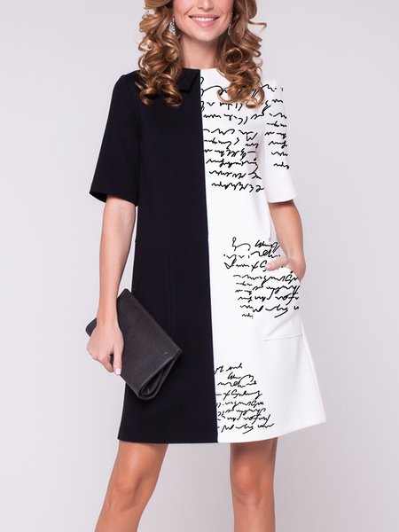 

Crew Neck Letter Simple Short Sleeve Mini Dress, Black-white, Midi Dresses