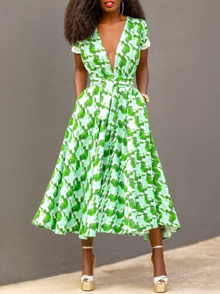 

Vacation V Neck Printed Short Sleeve Dress, Green, Maxi Dresses
