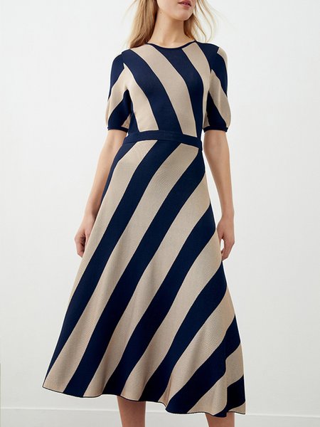 

Elegant Crew Neck Short Sleeve Striped Dress, Stripe, Midi Dresses
