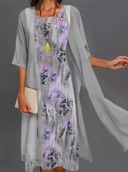 

Chiffon Crew Neck Leaves Two Piece Sets, Gray, Suit Set
