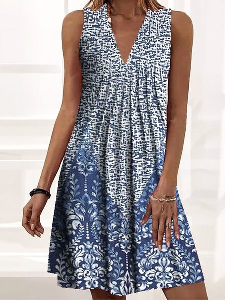 

Boho Tribal Floral Polka Dots Geometric Vacation Loosen V Neck Midi Short Sleeve Knit Dress, As picture, Mini Dresses