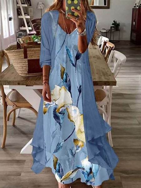 

Casual V Neck Cotton Blends Sleeveless Knit Dress, Blue, Maxi Dresses