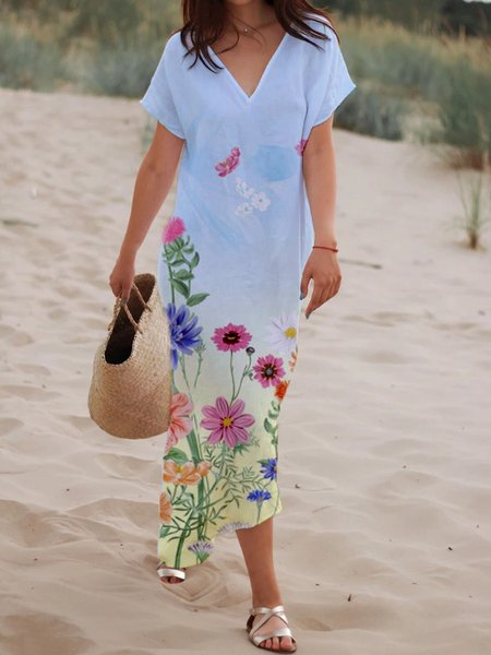 

Cotton Blends V Neck Ombre Floral Short Sleeve Knit Dress, Multicolor, Dresses