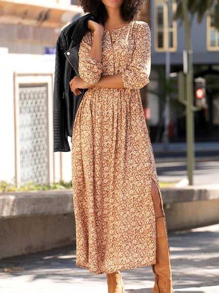 

Cotton Long Sleeve Woven Dress, As picture, Floral Dresses