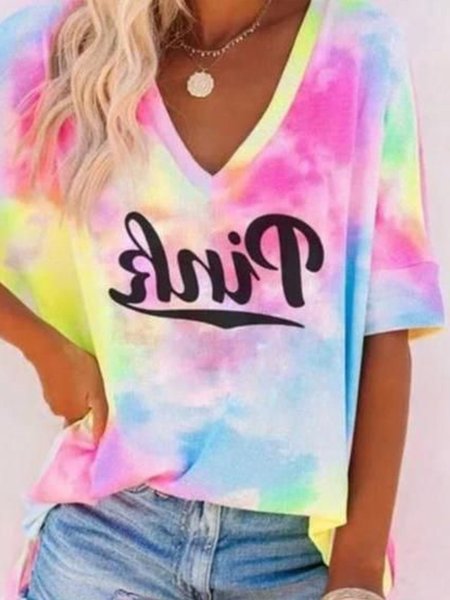 

Beach Resort rainbow gradient letter print loose top T-shirt Plus Size, Multicolor, T-Shirts
