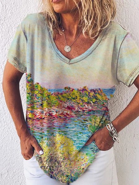 

Landscape Print Casual V Neck Short Sleeve T-Shirt, Multicolor, T-Shirts