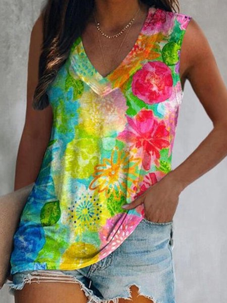 

Rainbow gradient flower leaf color block print loose top T-shirt Plus Size, Multicolor, Tanks & Camis