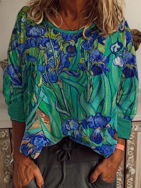 

Crew Neck Casual Van Gogh Oil Painting Printed Blouse, Blue, T-Shirts