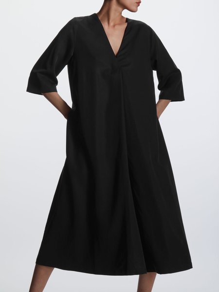 

V neck Daily Solid Three Quarter Woven Dress, Black, Midi Dresses
