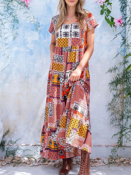 

Boho Crew Neck Short Sleeve women Dress, Multicolor, Dresses