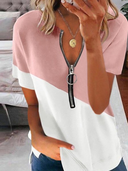 

V Neck Zipper Colorblock Loose Daily Summer Short Sleeve T-Shirt, Pink, Tees & T-shirts