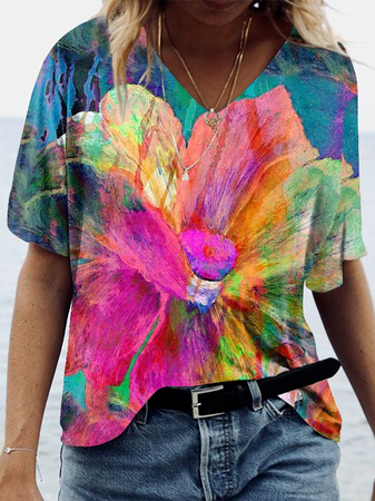 

Casual Floral Ombre V Neck Regular Fit Ombre Short Sleeve T-Shirt, Multicolor, T-Shirts