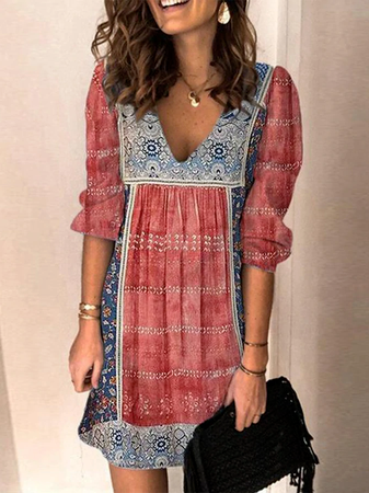 

Boho V Neck Cotton Blends Long Sleeve Women Dress, Red, Mini Dresses