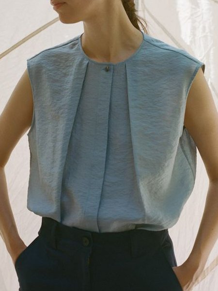 

Round Neck Simple Blouse, Blue, Blouses and Shirts
