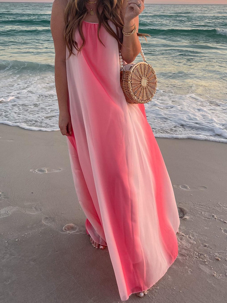 

Casual Vacation Crew Neck Regular Fit Ombre Short Sleeve Woven Dress, Red, Maxi Dresses