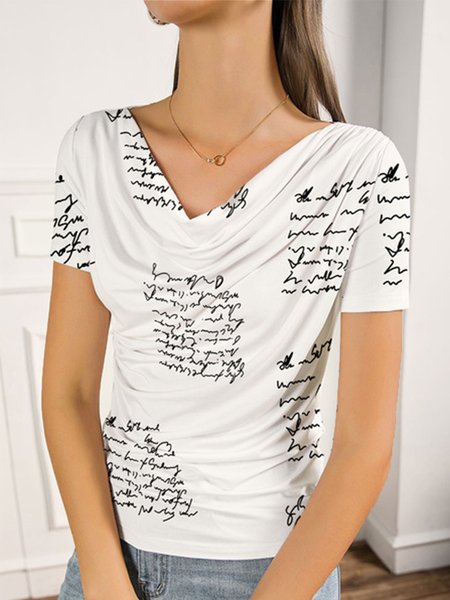 

Letter Regular Fit Elegant Short Sleeve Top, White, Tops