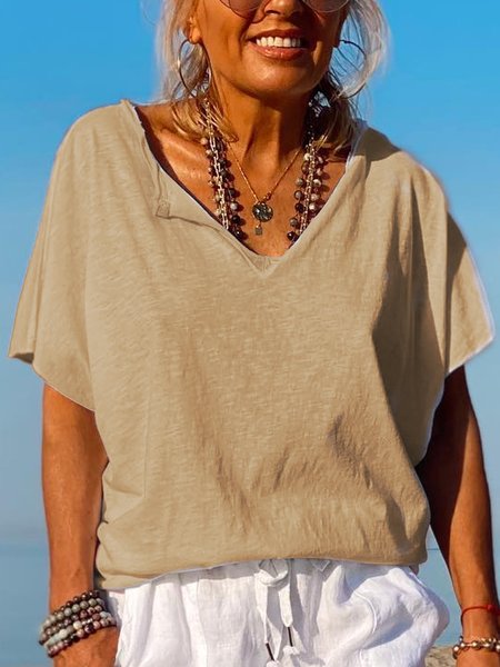 

Plain Loosen Cotton Blends Short Sleeve Tops, Khaki, T-shirts