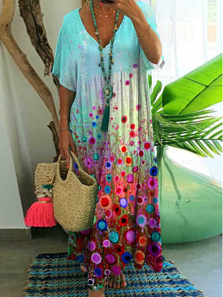 

Plus Size Floral Casual V Neck Short Sleeve Knit Dress, Multicolor, Dresses