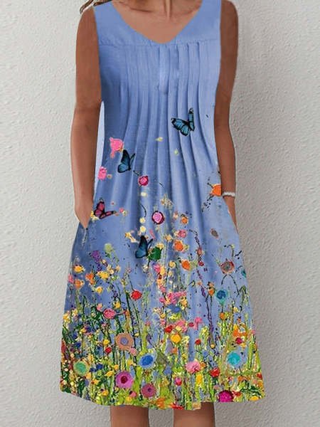 

Vacation Regular Fit Floral Short Sleeve Women Dress, Blue, Midi Dresses