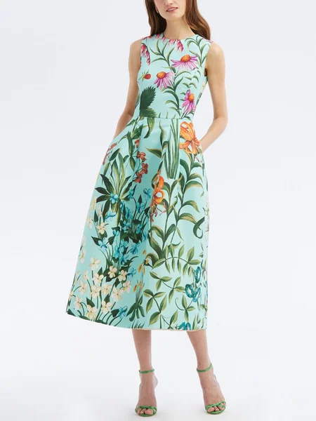 

Floral Elegant Sleeveless Regular Fit Midi Dress, Green, Midi Dresses