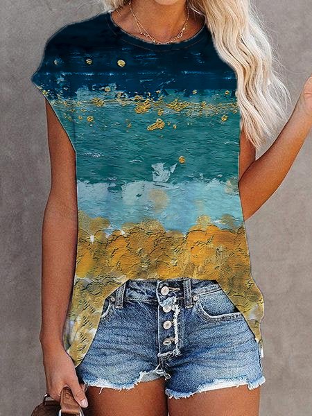 

Color Block Ombre Abstract Geometric Casual Loosen Crew Neck Short Sleeve T-Shirt, Flower, T-Shirts