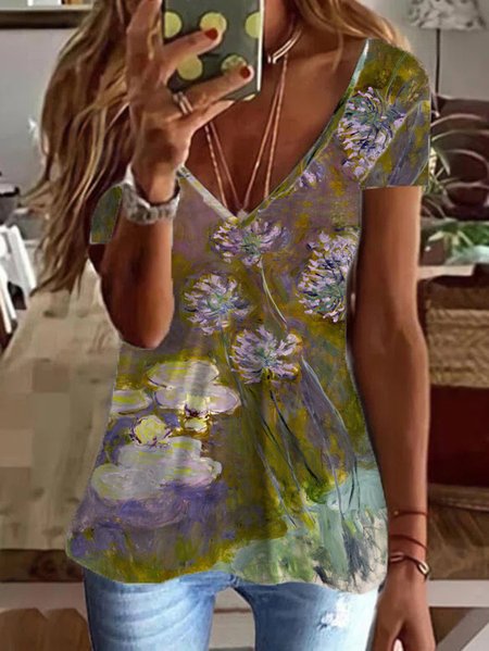 

Landscape Painting V Neck Short Sleeve Tops, Multicolor, T-Shirts