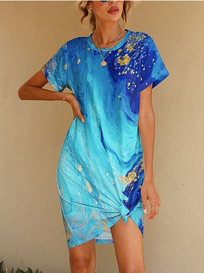 

Casual Loosen Crew Neck Short Sleeve Knit Dress, Blue, Dresses
