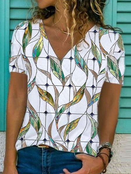 

Casual V Neck Short Sleeve Top, White, Shirts & Blouses