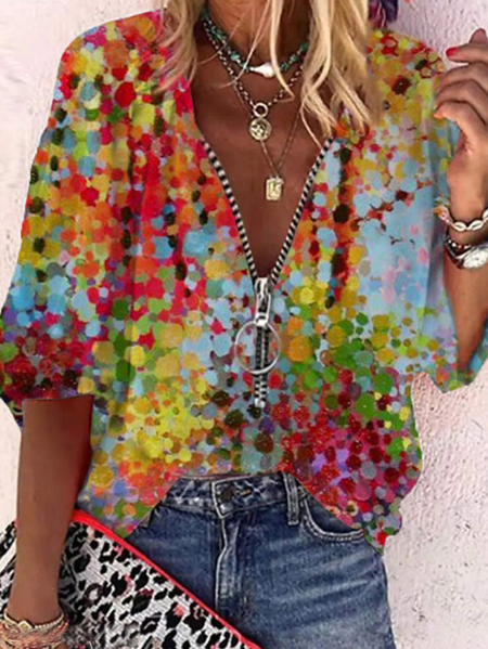

Boho Ombre Casual Short Sleeve Tops, Multicolor, T-Shirts