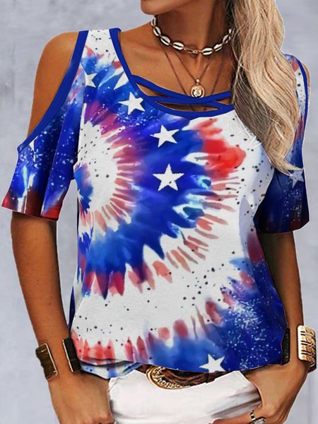 

Geometric gradient stars Easter American flag print top T-shirt Plus Size, Red-blue, T-Shirts