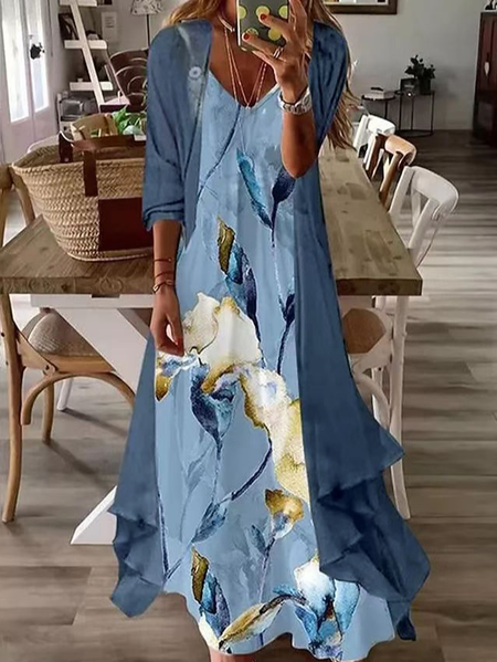 Floral Casual Two Piece Sets, Blue, Suit Set