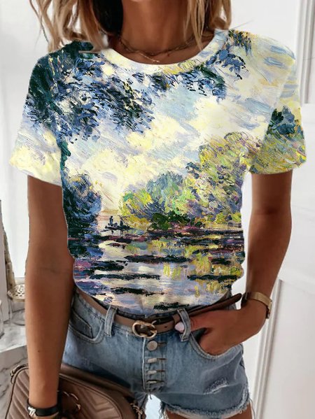 

V Neck Loosen Landscape Print Short Sleeve T-Shirt, Multicolor, T-Shirts