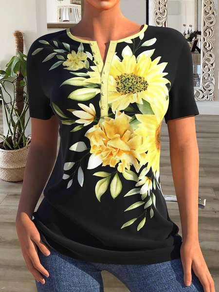 

Holiday nail buckle contrast flower sunflower print loose top T-shirt Plus Size, Black, T-Shirts