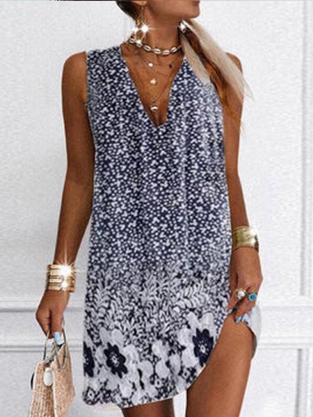

Floral V Neck Short Sleeve Knit Dress, Purplish blue, Mini Dresses