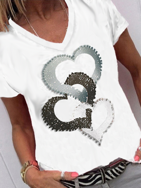 

Cotton Blends Loosen Heart Shirts & Tops, White, T-Shirts