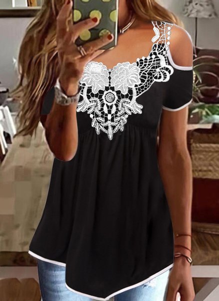 

Color Block Regular Fit Lace Casual Short Sleeve Tops, Black, T-Shirts