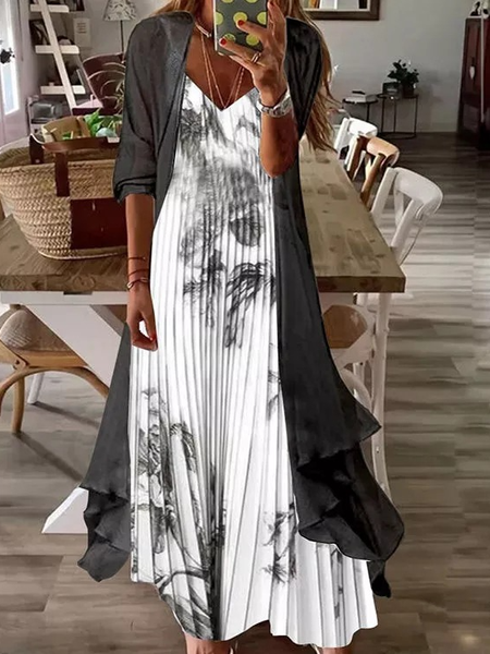 

Vacation V Neck Painted Short Sleeve Woven Dress, Black-white, Dresses