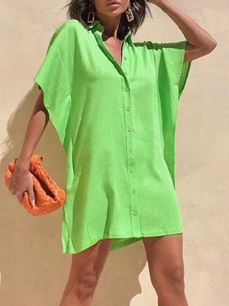 

Shirt Collar Loosen Short Sleeve Woven Dress, Green, Mini Dresses
