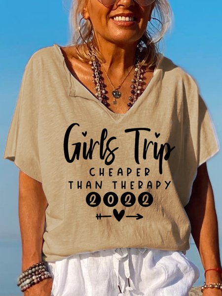 

New Year Top Girls Trip 2022 Therapy Cotton Blends Casual Short Sleeve Tops, Khaki, T-shirts