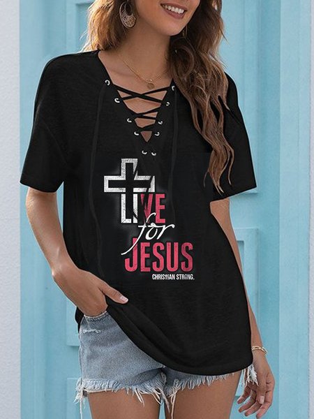Easter Day V Neck Casual Letter Loosen Short Sleeve Tops, Black, T-Shirts