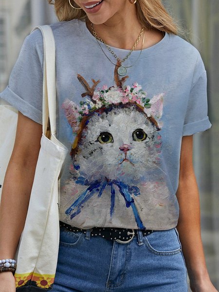 

Crew Neck Animal Short Sleeve Tops, Light blue, T-Shirts