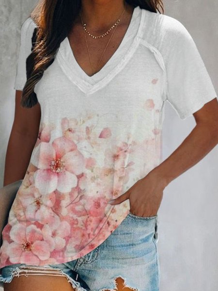 

Casual Floral Short Sleeve V Neck Plus Size Printed Tops T-shirts, White, T-Shirts