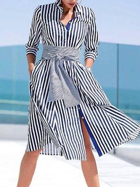 

Regular Fit Striped Short Sleeve Woven Work Dress, Blue, Midi Dresses